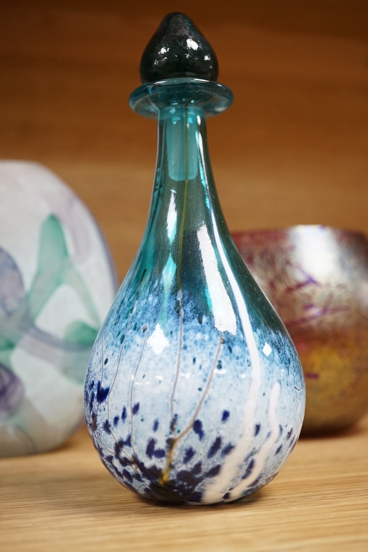 Five pieces of art glass comprising a scent bottle and four vases, largest 16cm high